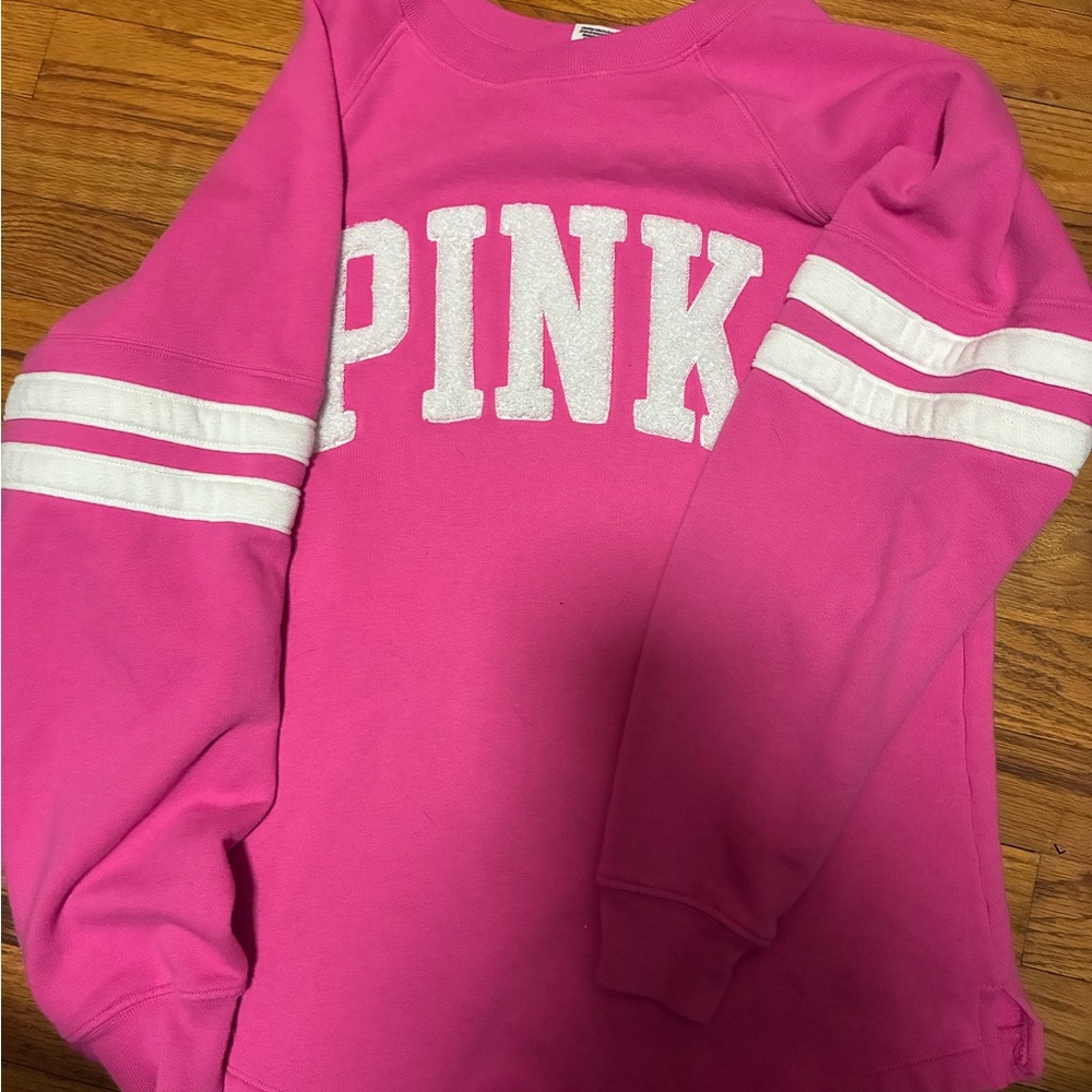 PINK Victoria's Secret Hot Pink Crewneck Sweatshirt with White Stripes
